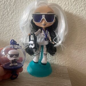 Disney Doll with White Hair, Black & White Outfit, Teal Stand